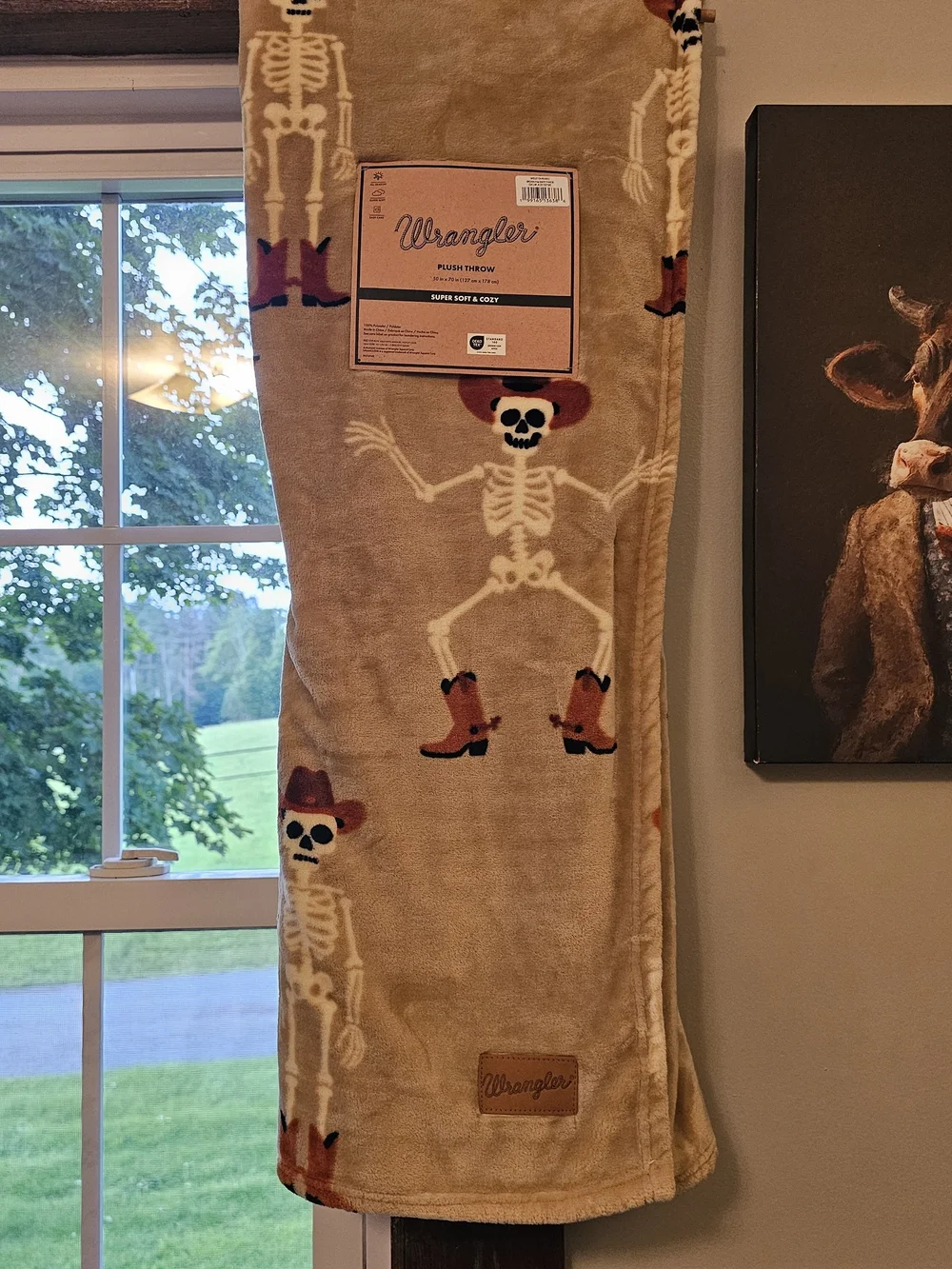Wrangler Tan Cowboy Skeleton Plush Throw Blanket